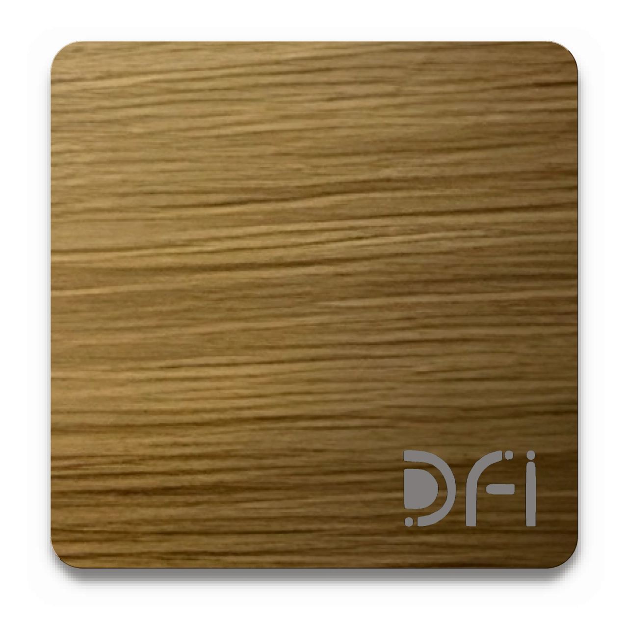 Antique brass, Vintage finish: a DFI sample plate with the DFI mark laser-cut in the corner