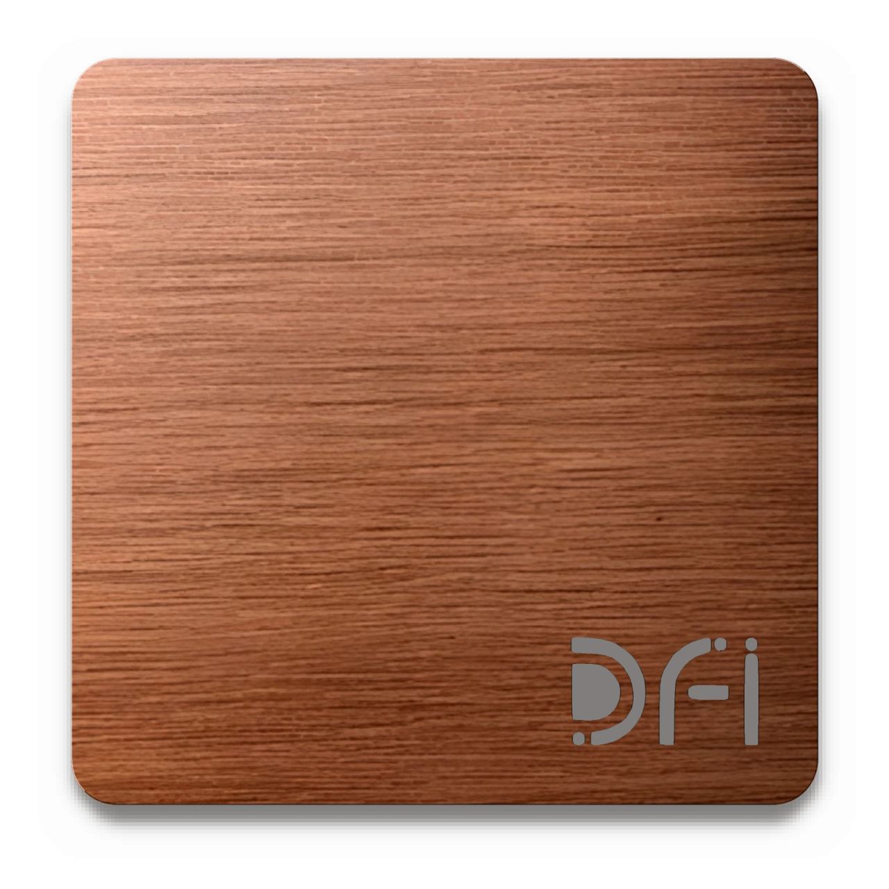 Antique copper, Vintage finish: a DFI sample plate with the DFI mark laser-cut in the corner