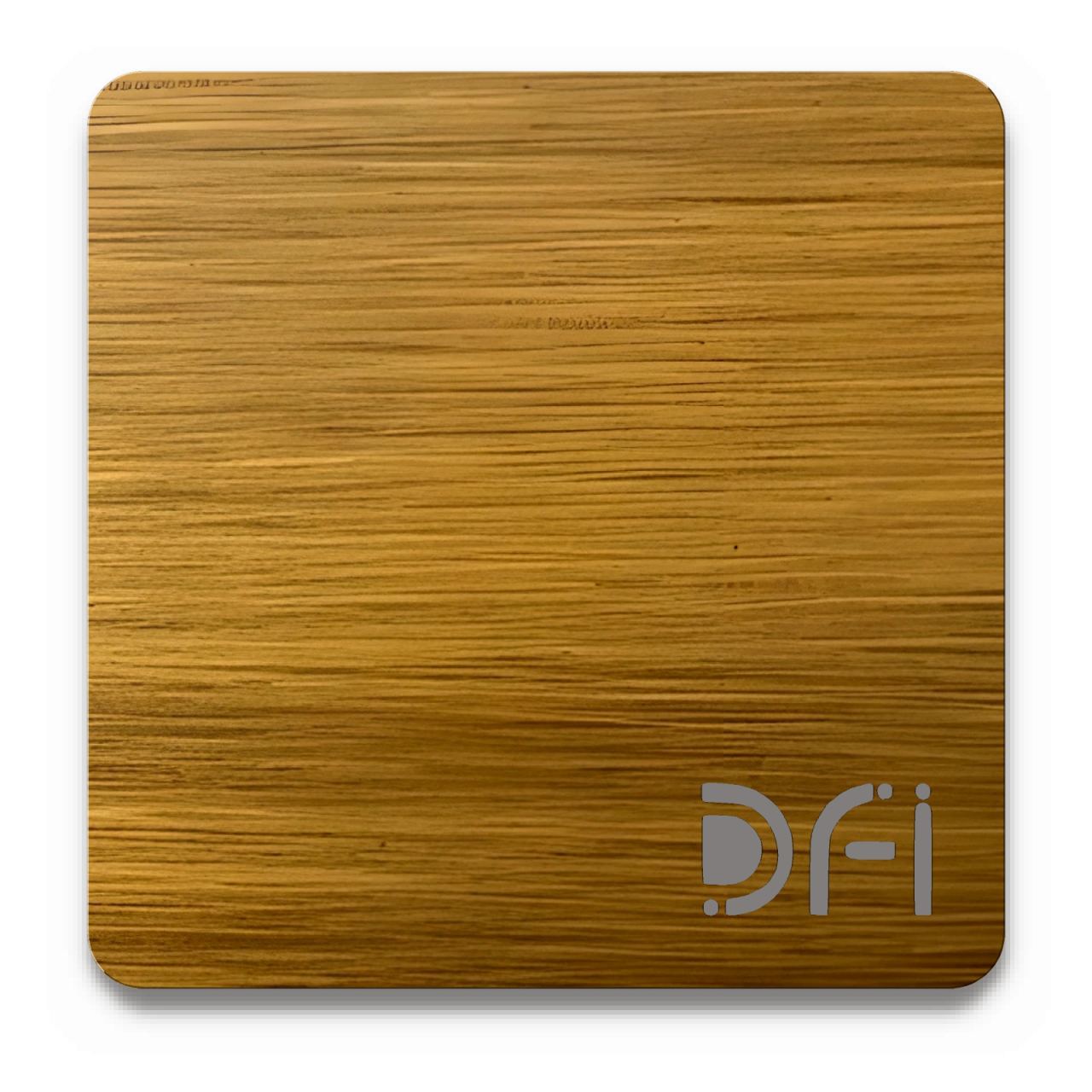 Antique gold, Vintage finish: a DFI sample plate with the DFI mark laser-cut in the corner