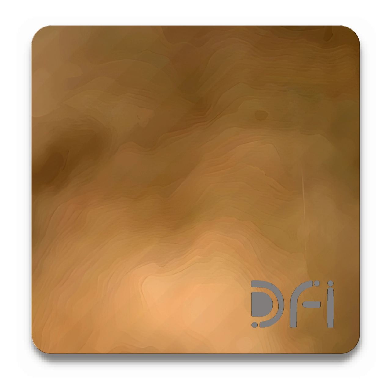 Antique brass smoky, Amorphous effect finish: a DFI sample plate with the DFI mark laser-cut in the corner
