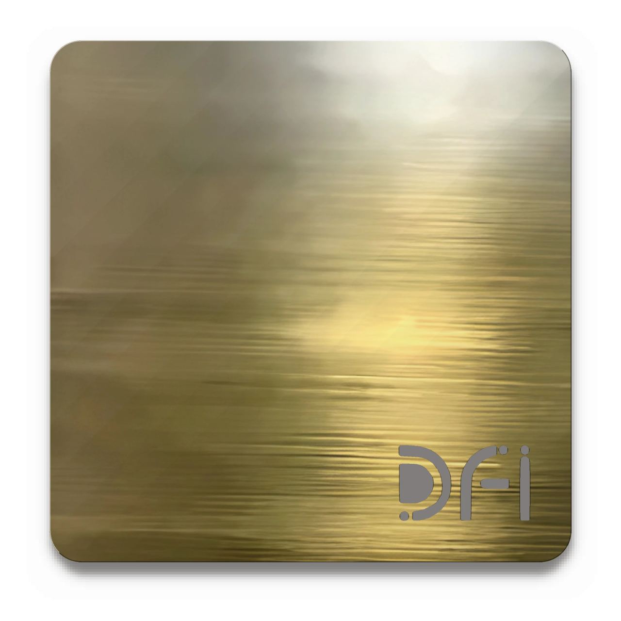 Antique brass, brushed, Etched finish: a DFI sample plate with the DFI mark laser-cut in the corner