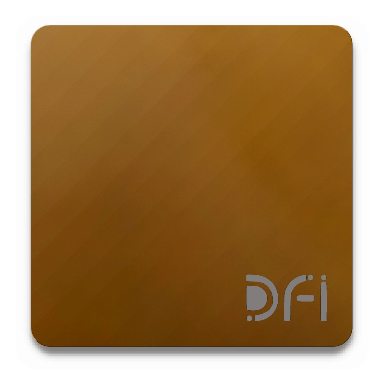 Amber gold, Satin finish: a DFI sample plate with the DFI mark laser-cut in the corner