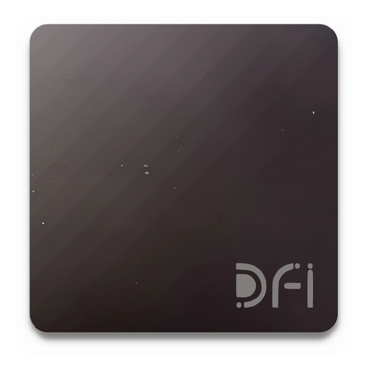 Black-brown, Satin finish: a DFI sample plate with the DFI mark laser-cut in the corner