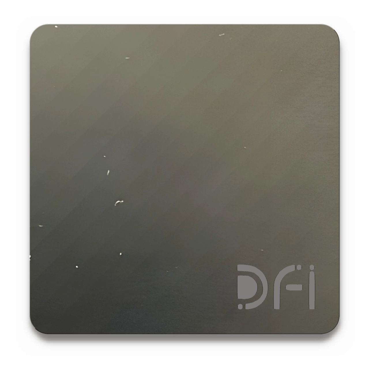 Black, Satin finish: a DFI sample plate with the DFI mark laser-cut in the corner