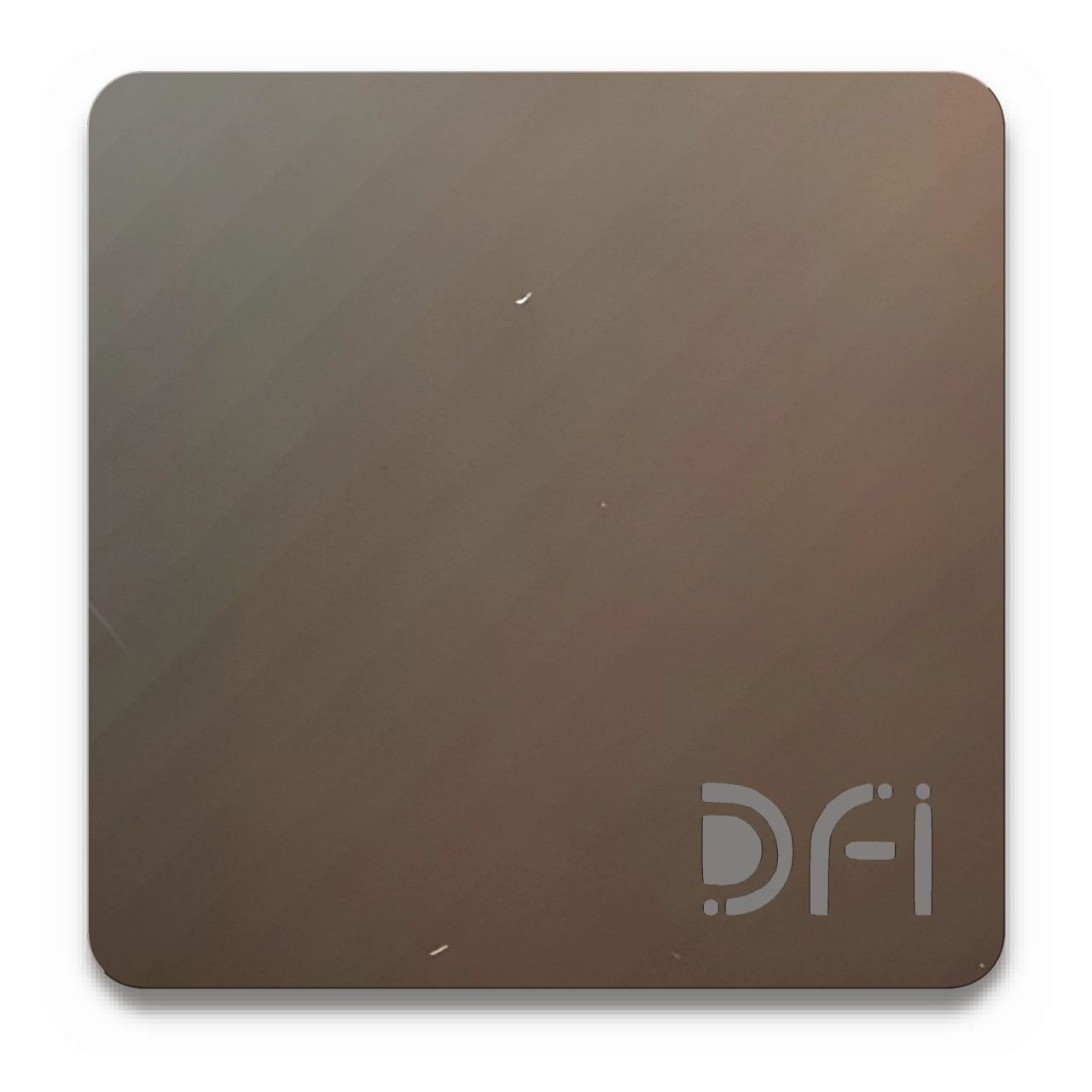 Bronze, Satin finish: a DFI sample plate with the DFI mark laser-cut in the corner