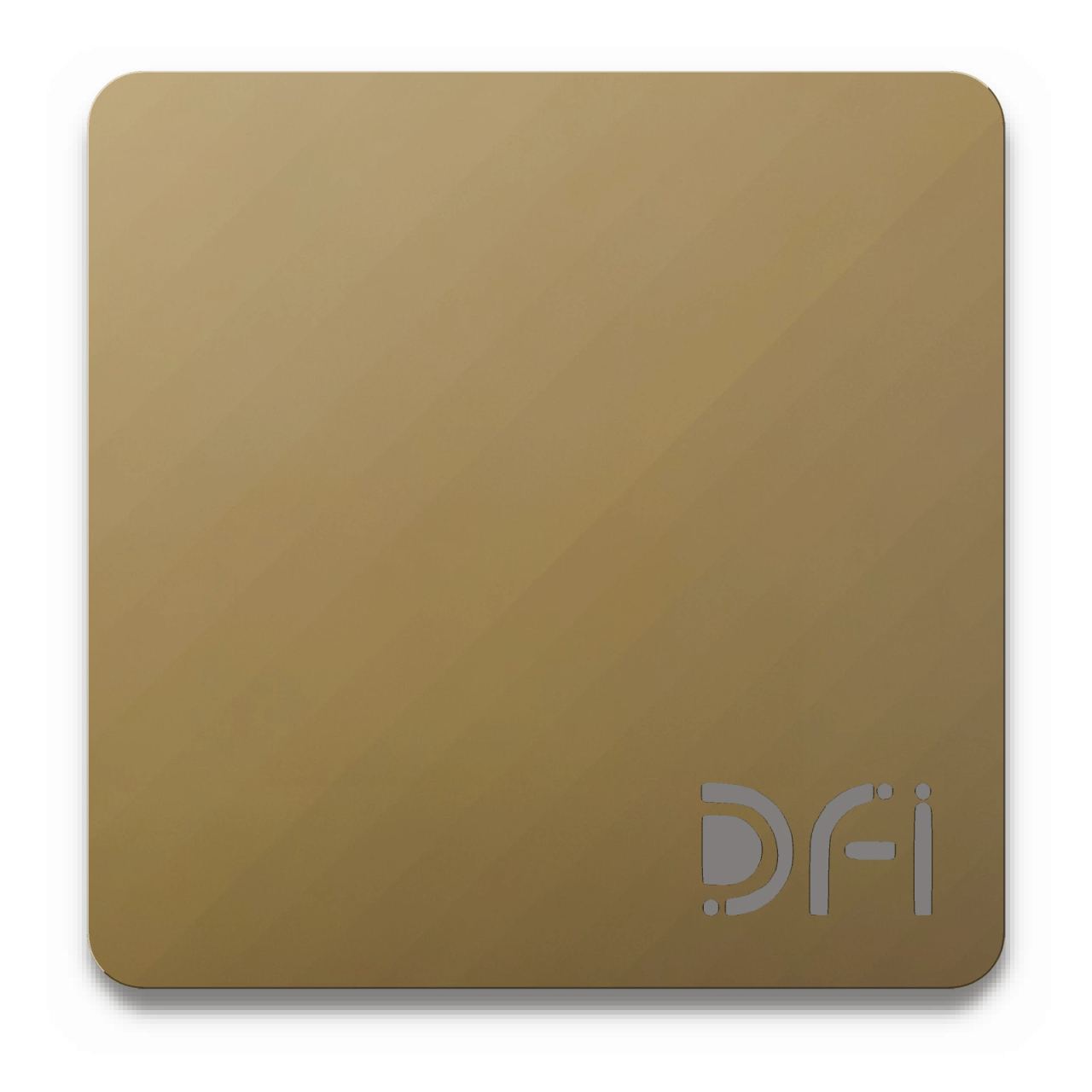 Champagne gold, Satin finish: a DFI sample plate with the DFI mark laser-cut in the corner