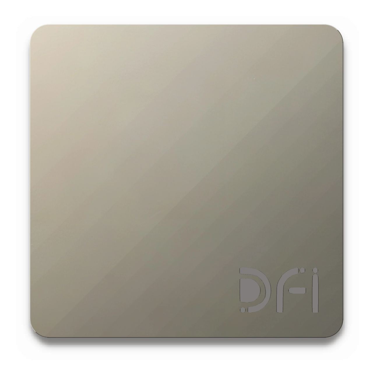 Champagne, Satin finish: a DFI sample plate with the DFI mark laser-cut in the corner