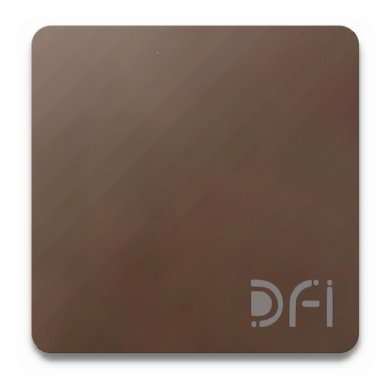 Chocolate brown, Satin finish: a DFI sample plate with the DFI mark laser-cut in the corner
