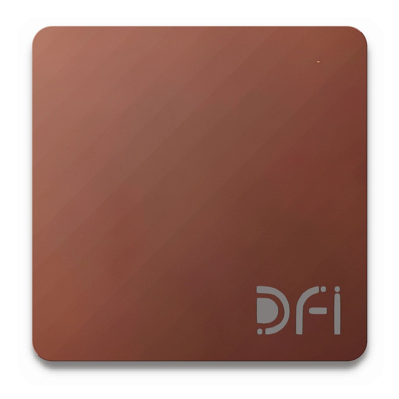 Copper brown, Satin finish: a DFI sample plate with the DFI mark laser-cut in the corner