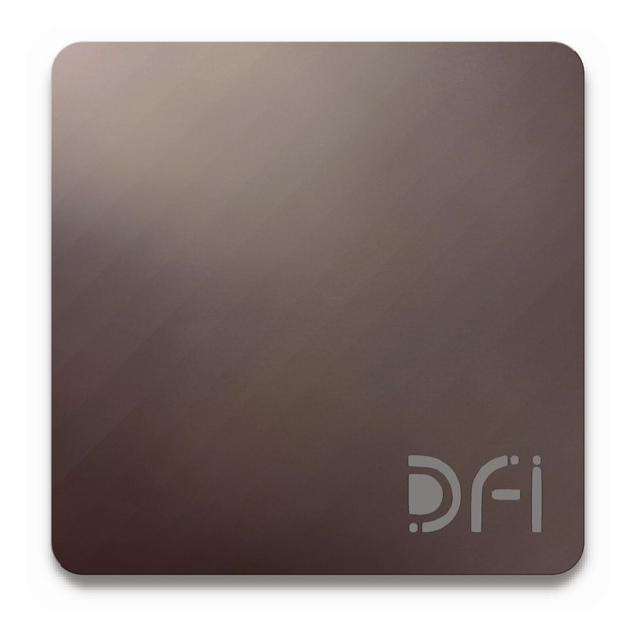 Dark bronze, Satin finish: a DFI sample plate with the DFI mark laser-cut in the corner