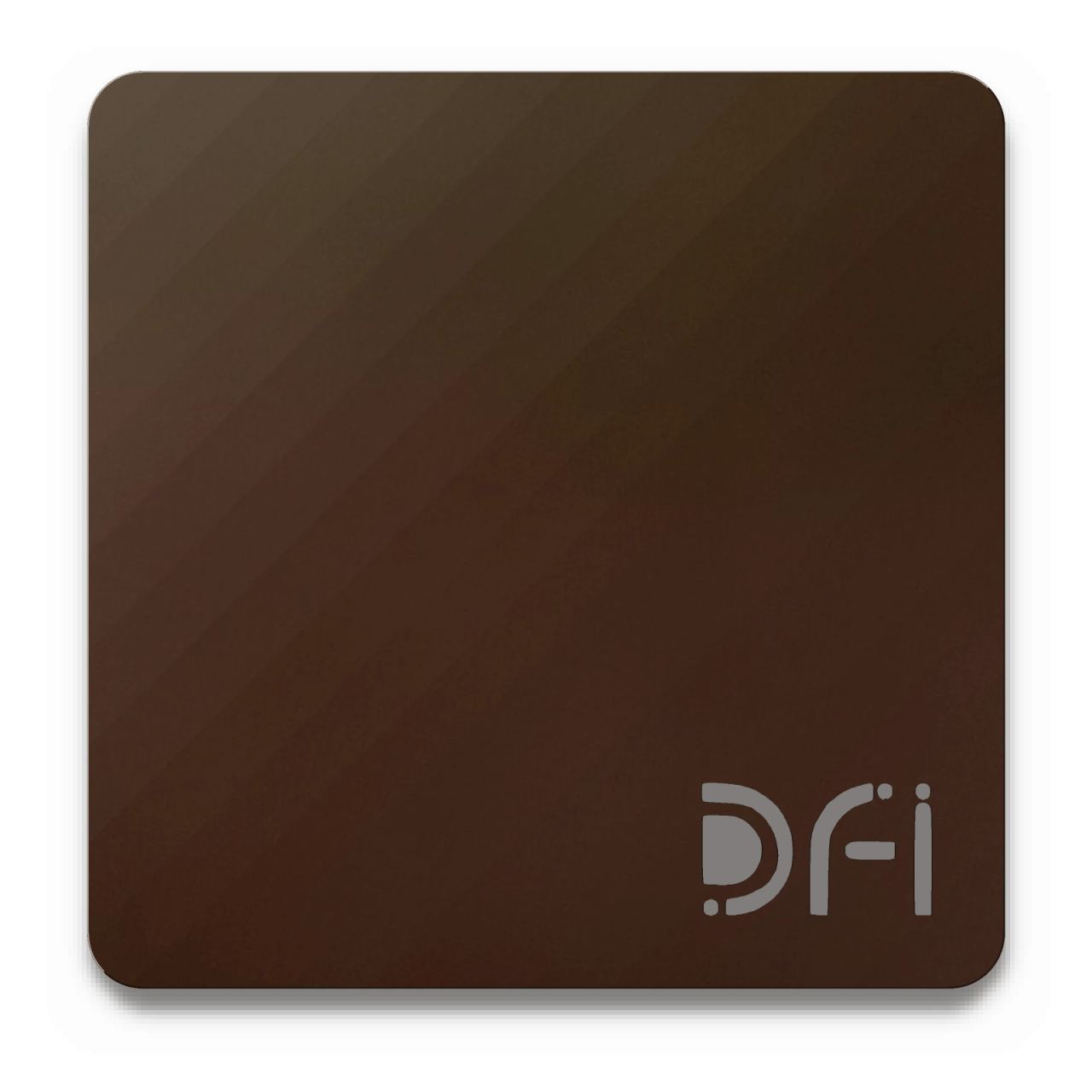 Dark brown, Satin finish: a DFI sample plate with the DFI mark laser-cut in the corner