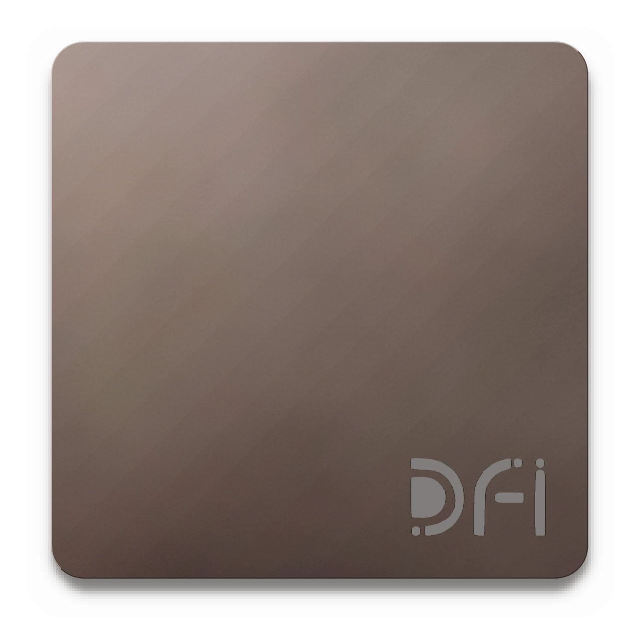 Deep brown, Satin finish: a DFI sample plate with the DFI mark laser-cut in the corner