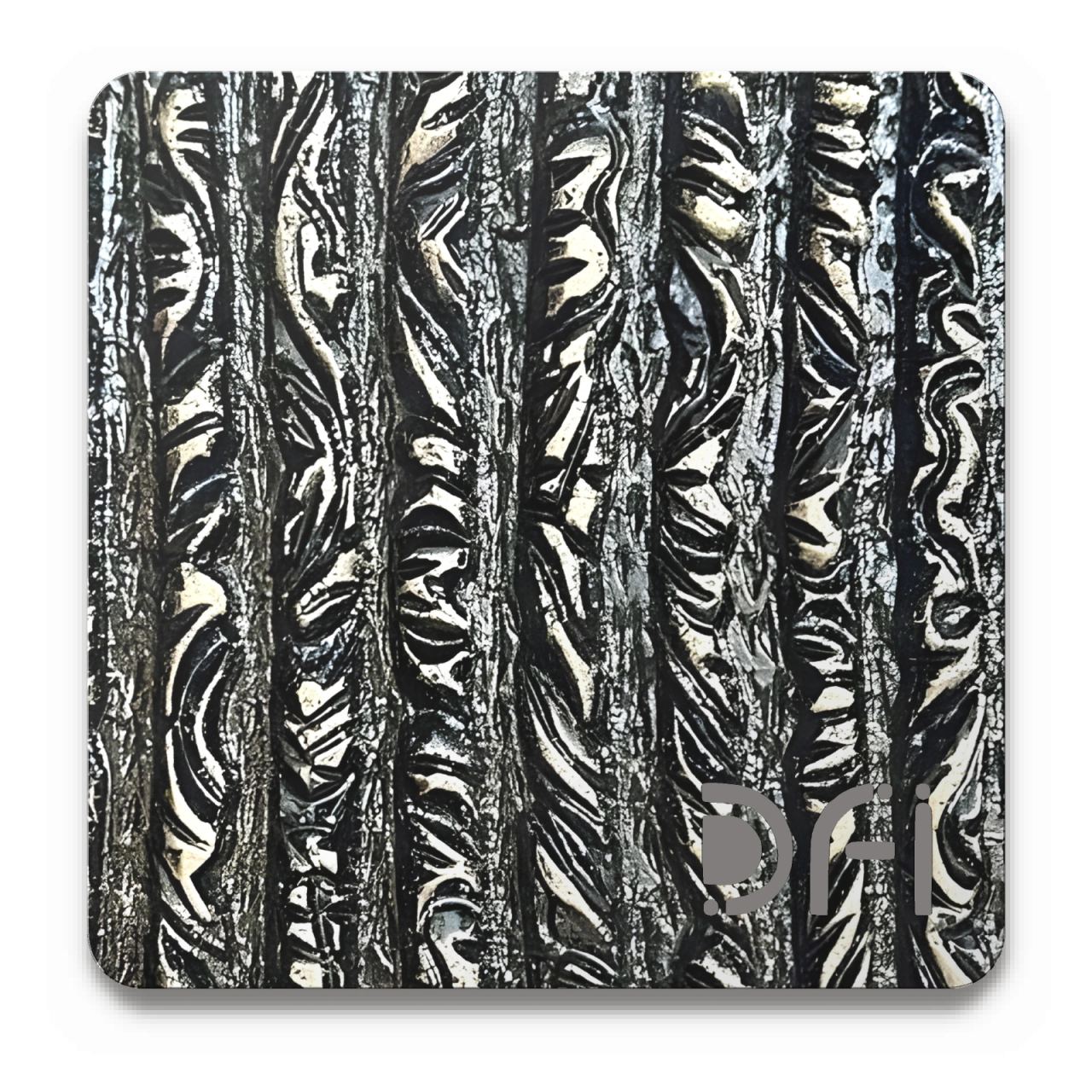 Cast ribbed relief, Casted finish: a DFI sample plate with the DFI mark laser-cut in the corner
