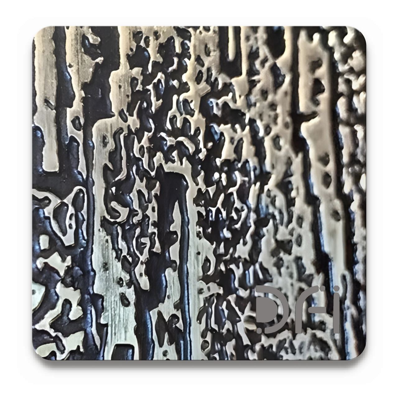 Dripping vertical relief, Etched finish: a DFI sample plate with the DFI mark laser-cut in the corner