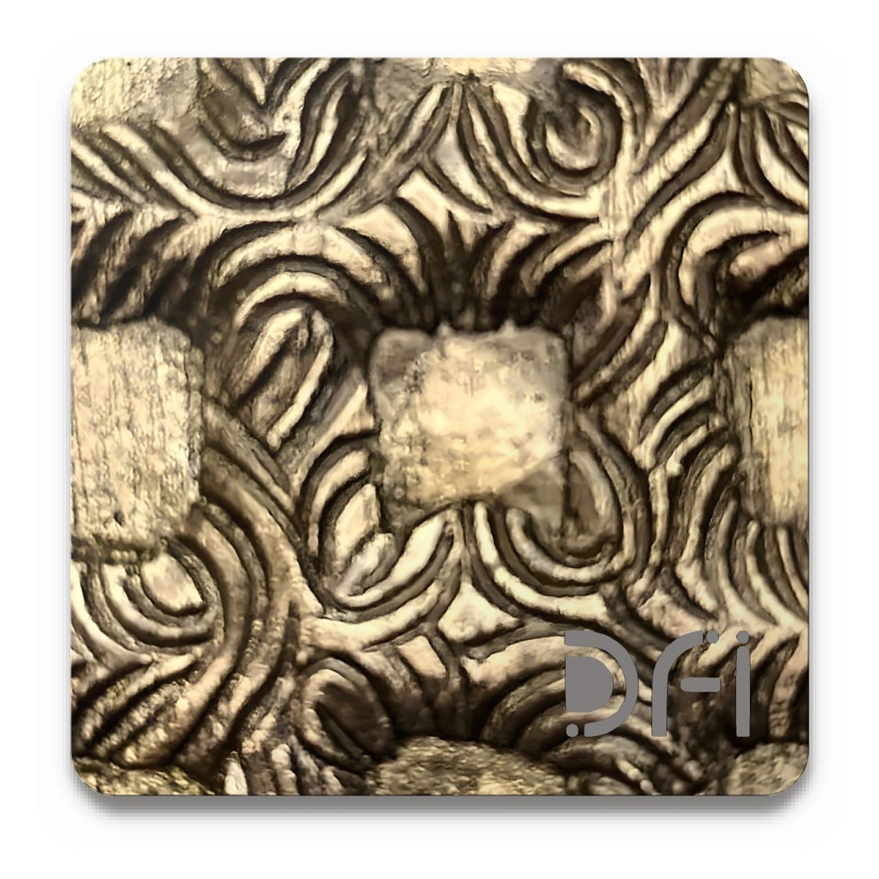 Swirls around raised squares, Casted finish: a DFI sample plate with the DFI mark laser-cut in the corner