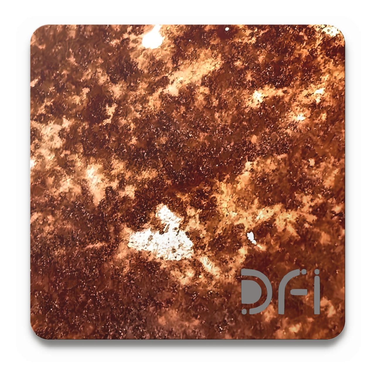 Deep rust with pale flecks, Special texture finish: a DFI sample plate with the DFI mark laser-cut in the corner
