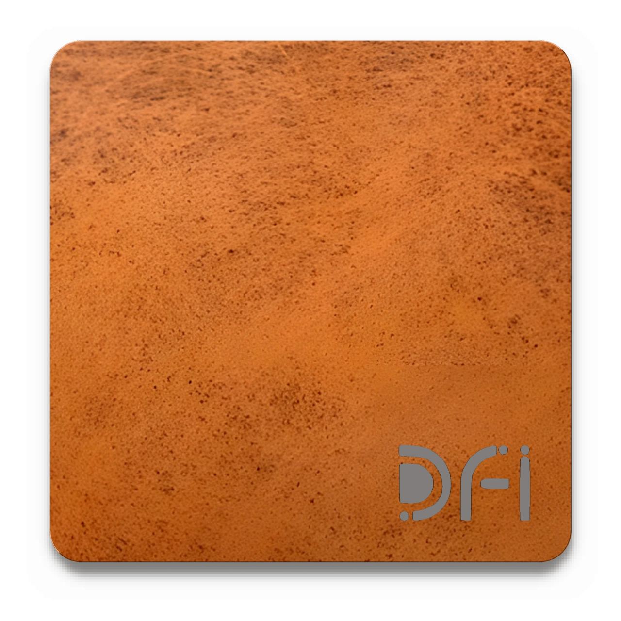 Rust copper, Entropy finish: a DFI sample plate with the DFI mark laser-cut in the corner
