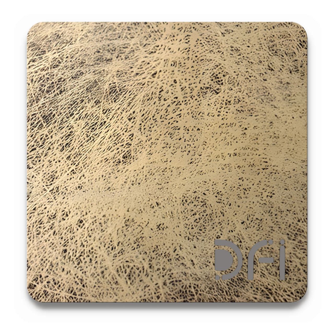 Scratched champagne, Entropy finish: a DFI sample plate with the DFI mark laser-cut in the corner