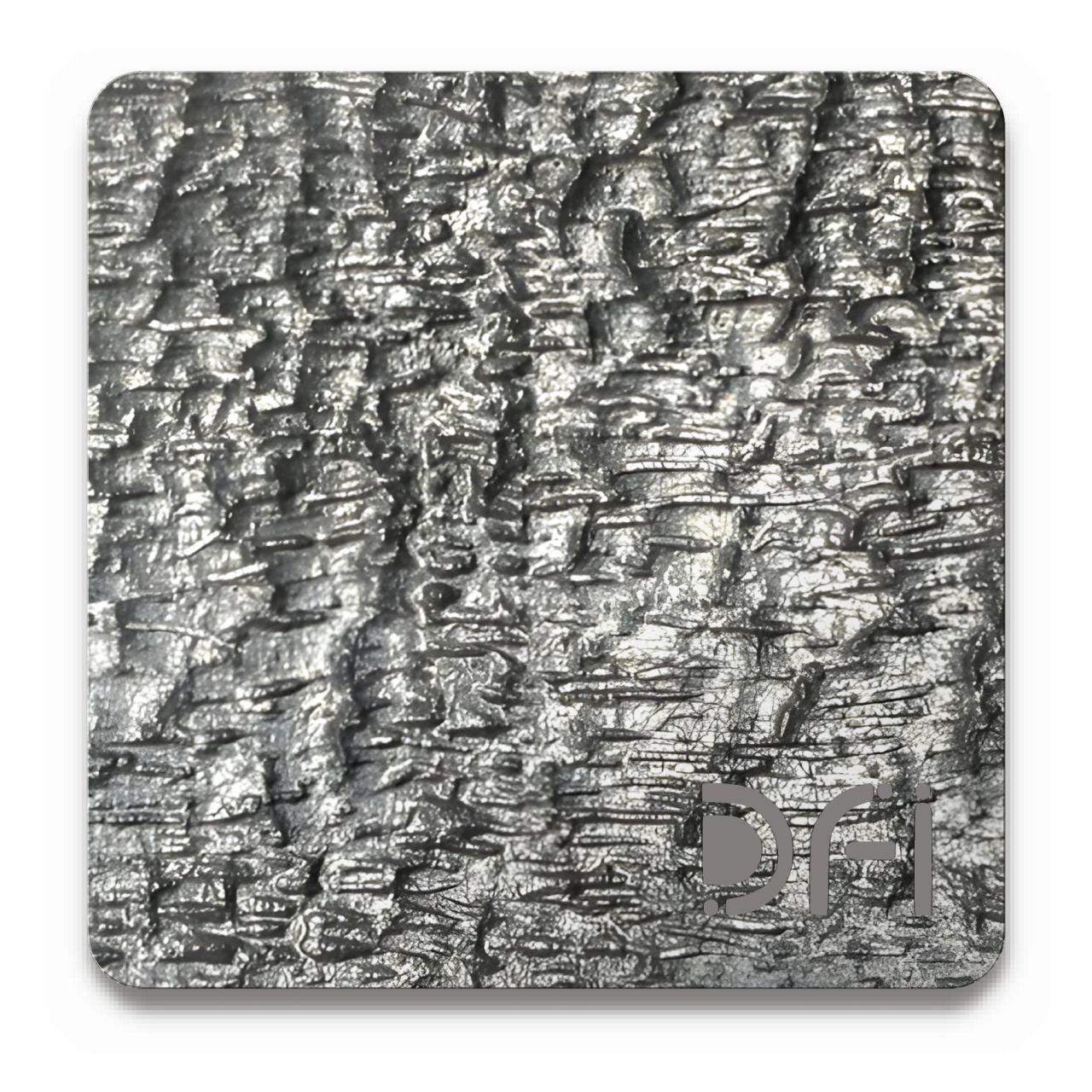 Crinkled silver, Embossed finish: a DFI sample plate with the DFI mark laser-cut in the corner