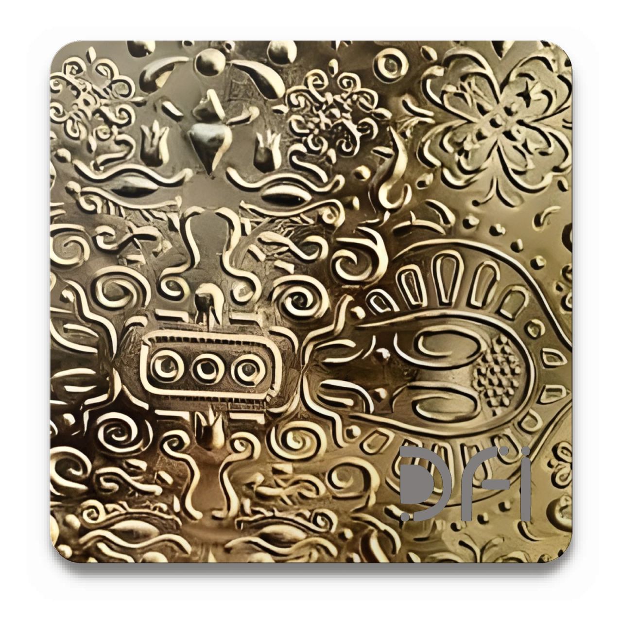 Embossed floral on brass, Embossed finish: a DFI sample plate with the DFI mark laser-cut in the corner