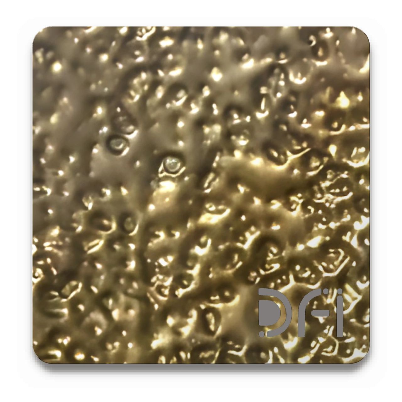 Pebbled brass, Embossed finish: a DFI sample plate with the DFI mark laser-cut in the corner