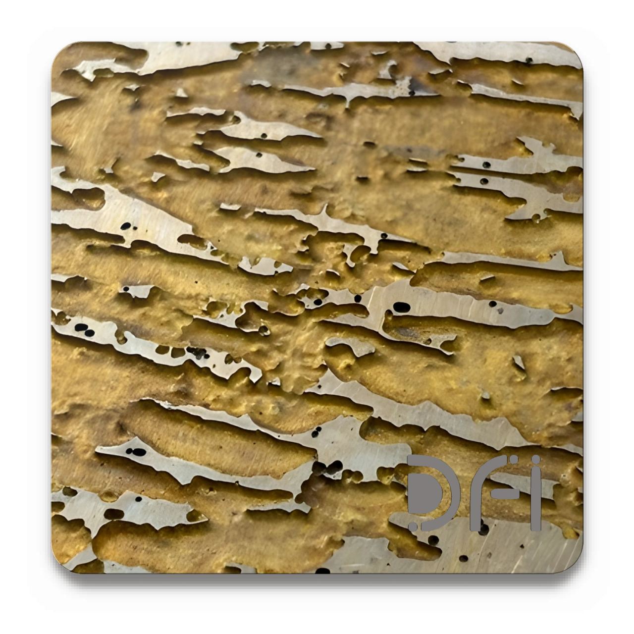 Bark texture on brass, Etched finish: a DFI sample plate with the DFI mark laser-cut in the corner