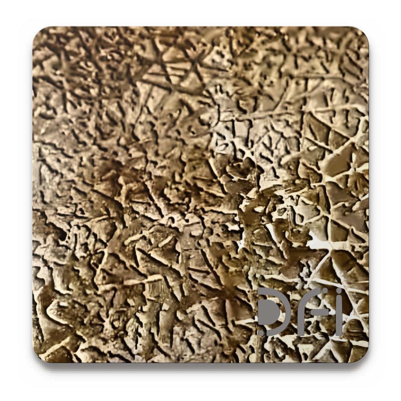 Crackle on antique brass, Etched finish: a DFI sample plate with the DFI mark laser-cut in the corner
