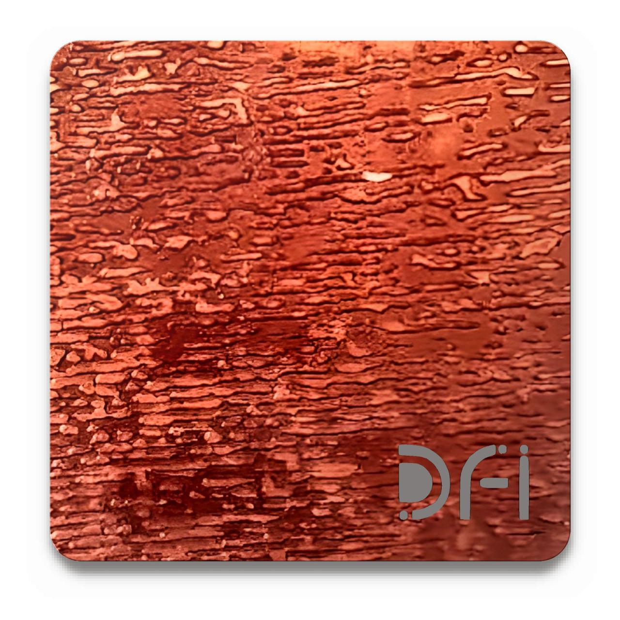 Crackle on copper, Etched finish: a DFI sample plate with the DFI mark laser-cut in the corner