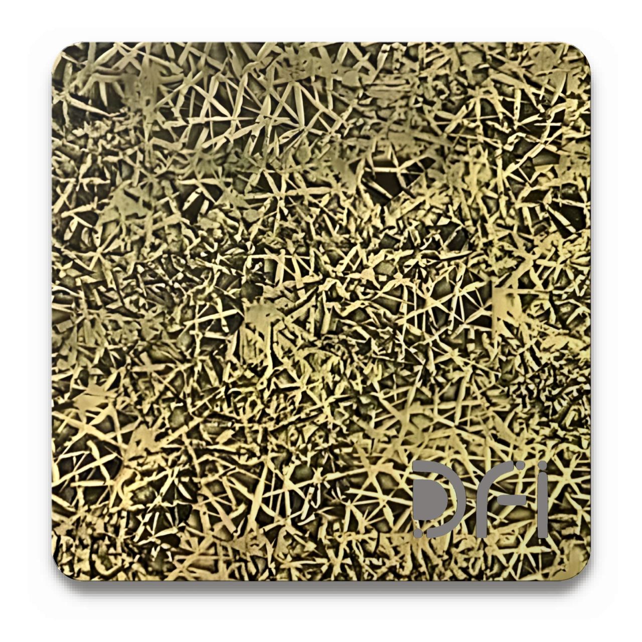 Crazed lines on antique brass, Etched finish: a DFI sample plate with the DFI mark laser-cut in the corner
