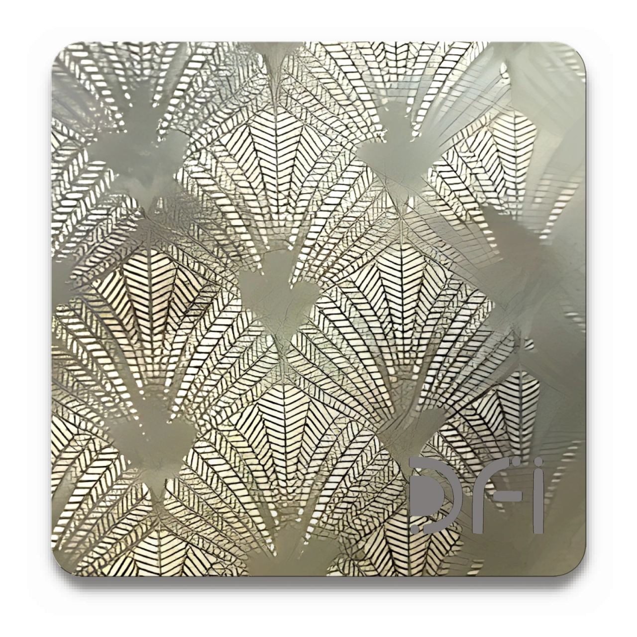 Fan pattern on champagne, Etched finish: a DFI sample plate with the DFI mark laser-cut in the corner
