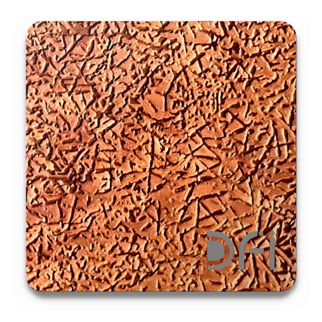 Fine crackle on copper, Etched finish: a DFI sample plate with the DFI mark laser-cut in the corner