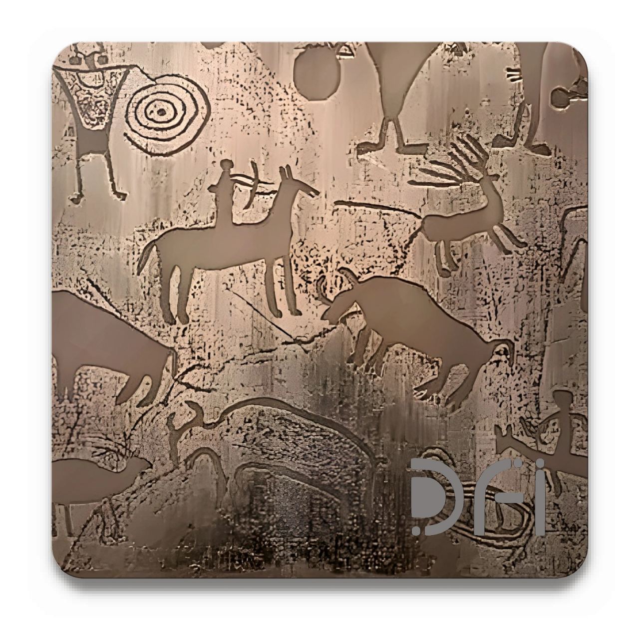 Rock-art animals on bronze, Etched finish: a DFI sample plate with the DFI mark laser-cut in the corner