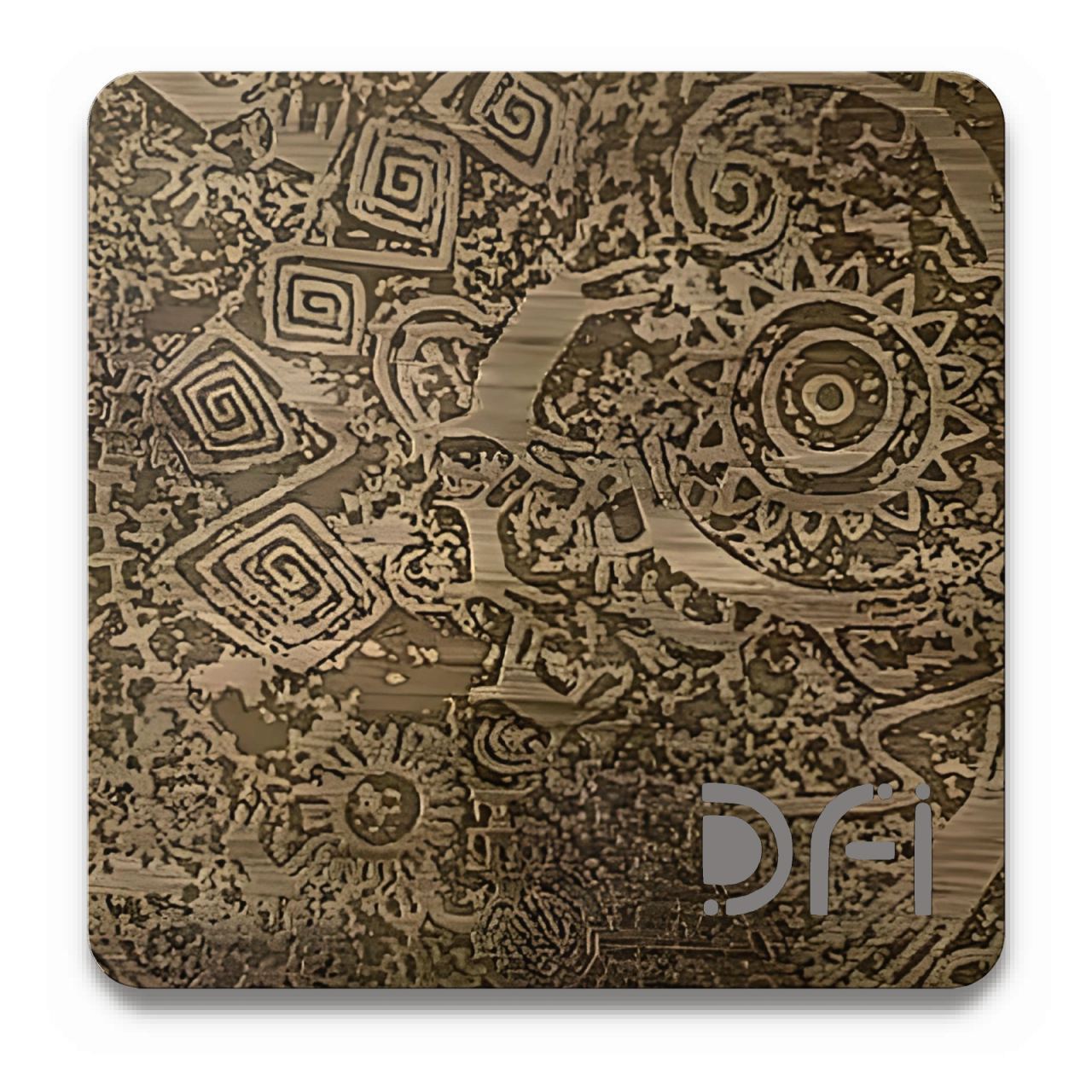 Tribal pattern on bronze, Etched finish: a DFI sample plate with the DFI mark laser-cut in the corner