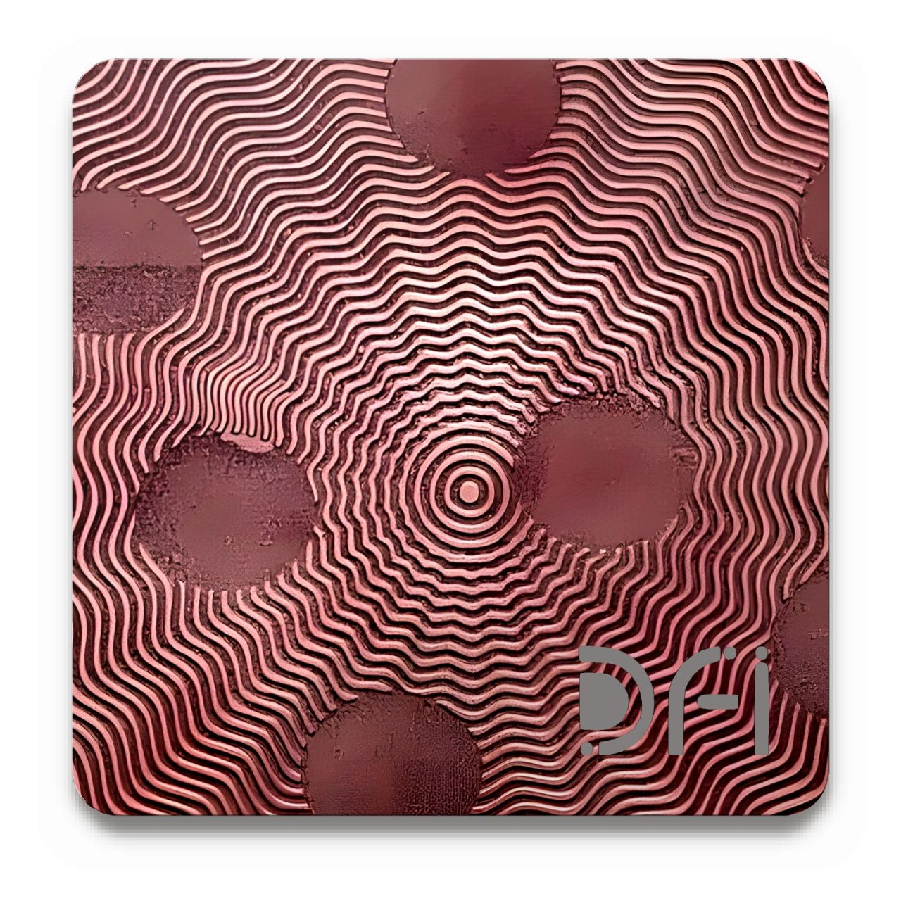 Wave and dot on wine red, Etched finish: a DFI sample plate with the DFI mark laser-cut in the corner