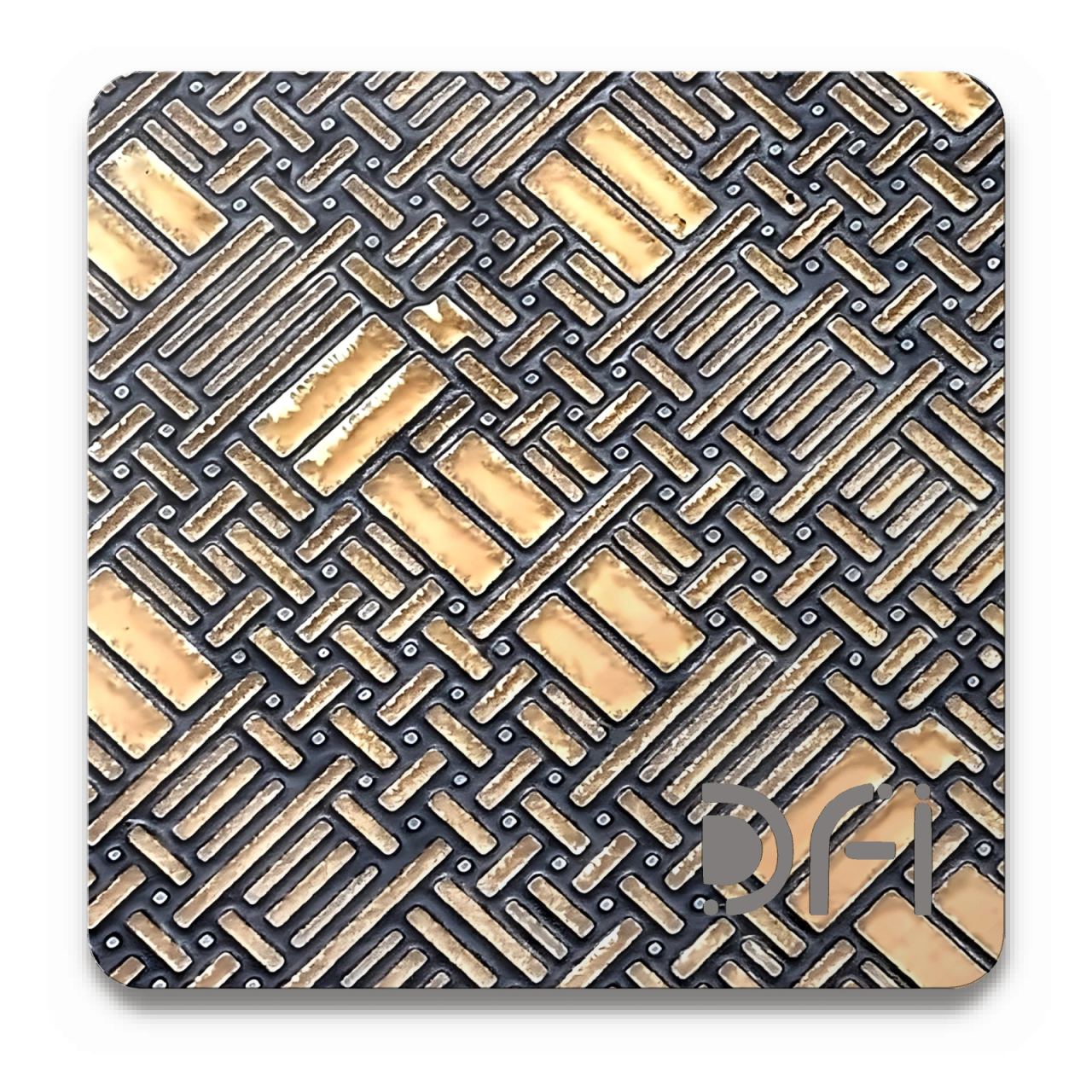 Woven pattern, gold and charcoal, Etched finish: a DFI sample plate with the DFI mark laser-cut in the corner