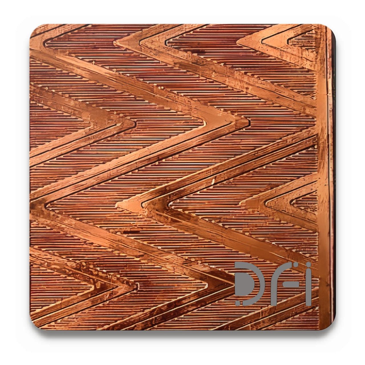 Zigzag on copper, Etched finish: a DFI sample plate with the DFI mark laser-cut in the corner