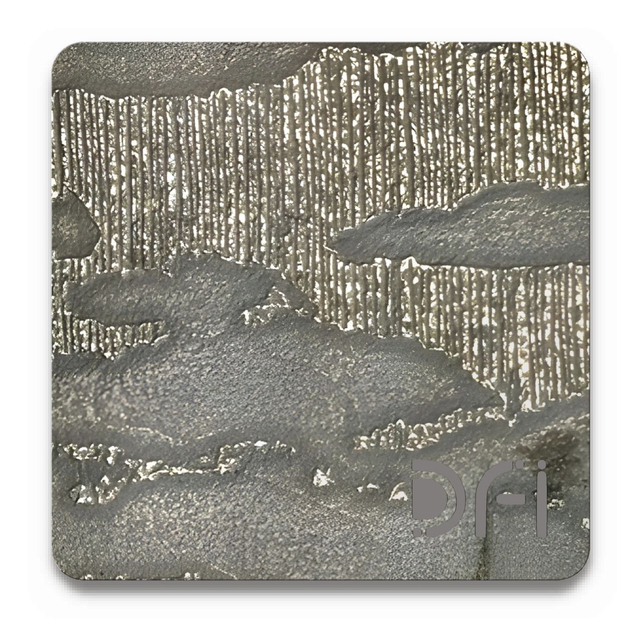Layered texture on pewter, Etched finish: a DFI sample plate with the DFI mark laser-cut in the corner