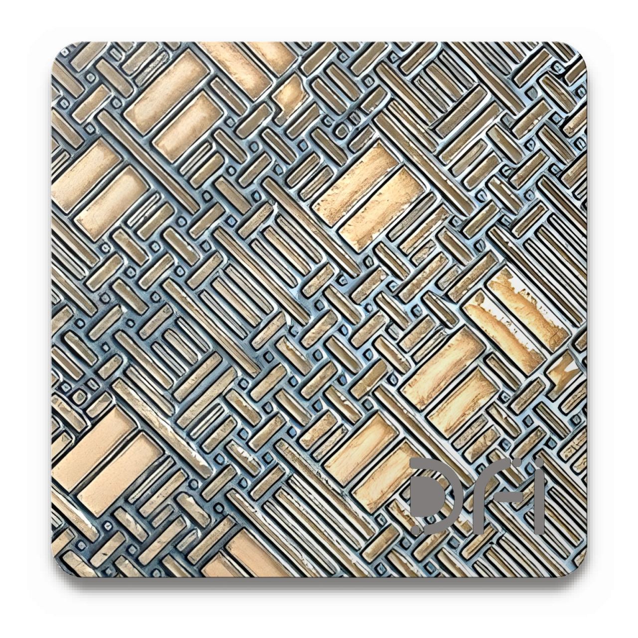 Woven pattern, copper and charcoal, Etched finish: a DFI sample plate with the DFI mark laser-cut in the corner