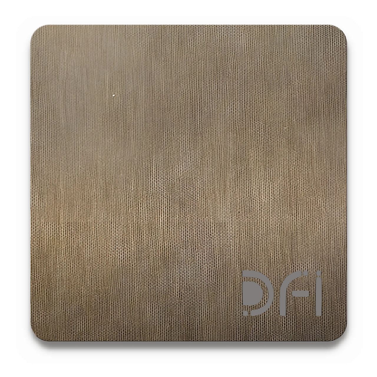 Antique champagne, Hairline finish: a DFI sample plate with the DFI mark laser-cut in the corner