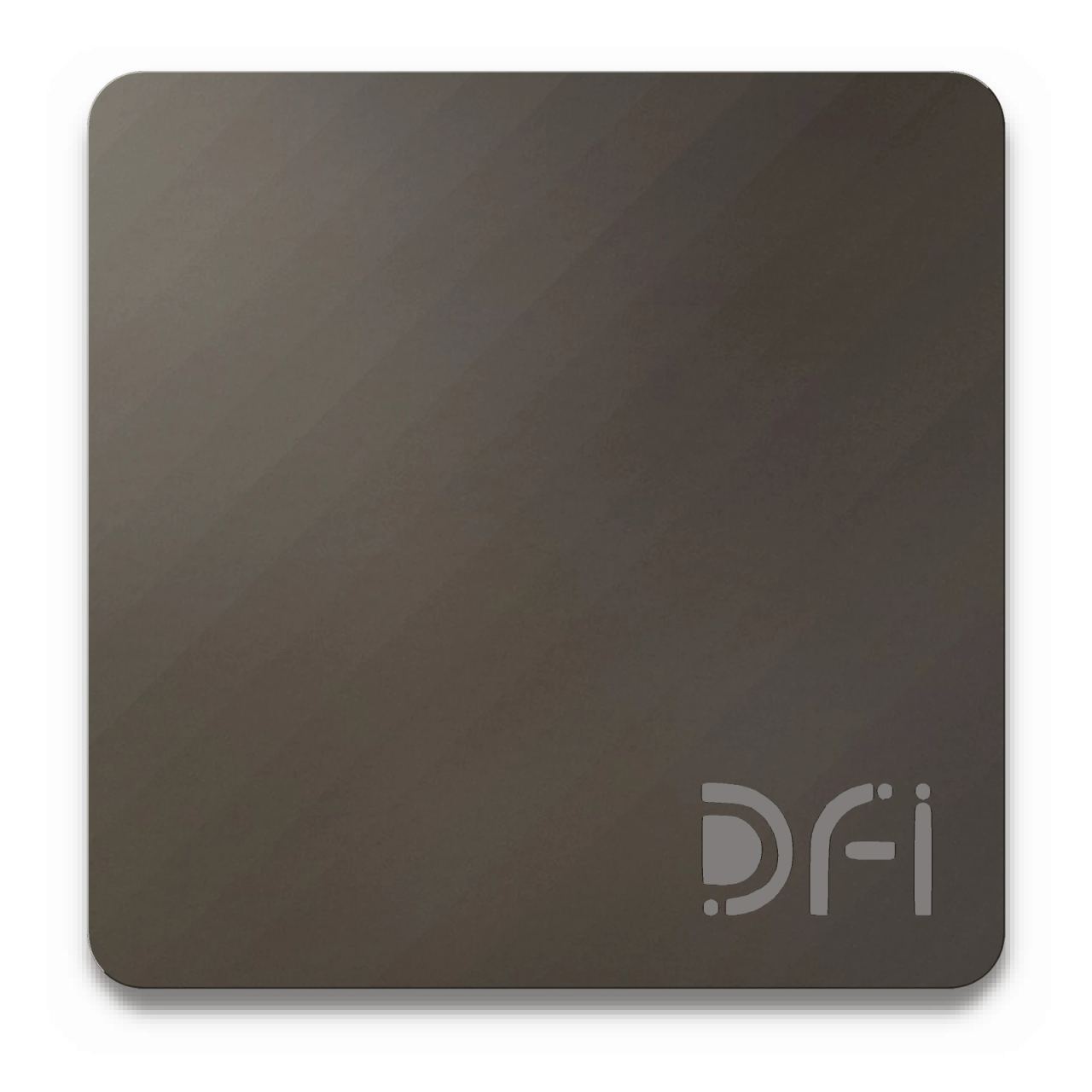 Black, Hairline finish: a DFI sample plate with the DFI mark laser-cut in the corner