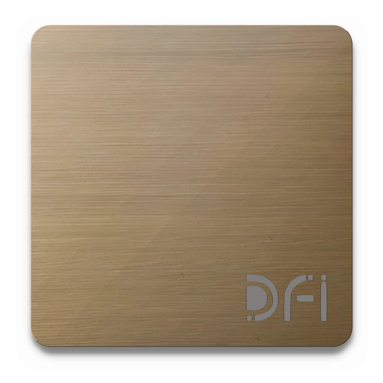 Bronze, Hairline finish: a DFI sample plate with the DFI mark laser-cut in the corner