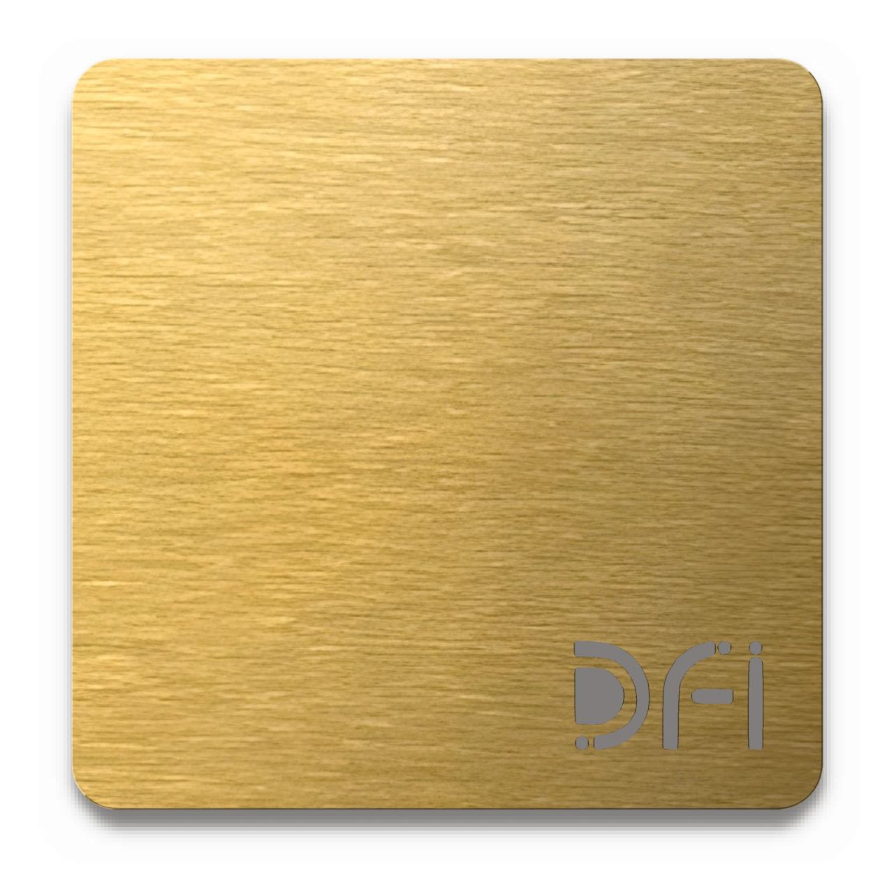 Champagne, Hairline finish: a DFI sample plate with the DFI mark laser-cut in the corner