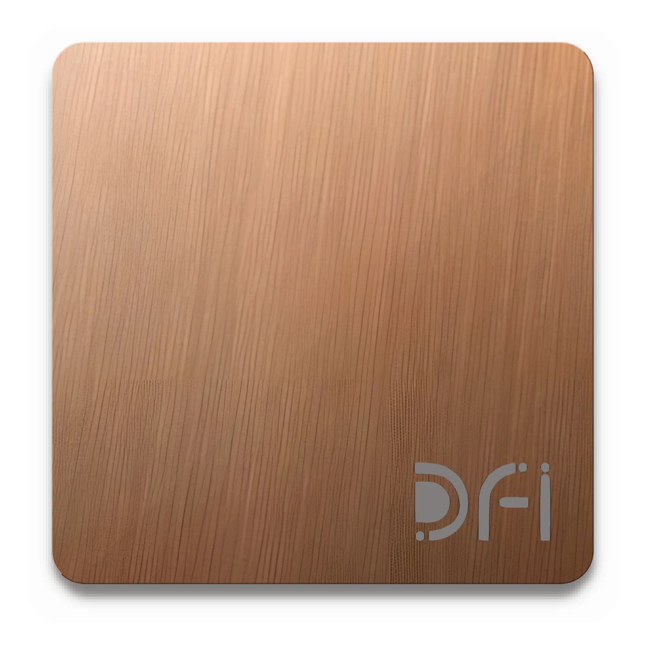 Copper, Hairline finish: a DFI sample plate with the DFI mark laser-cut in the corner