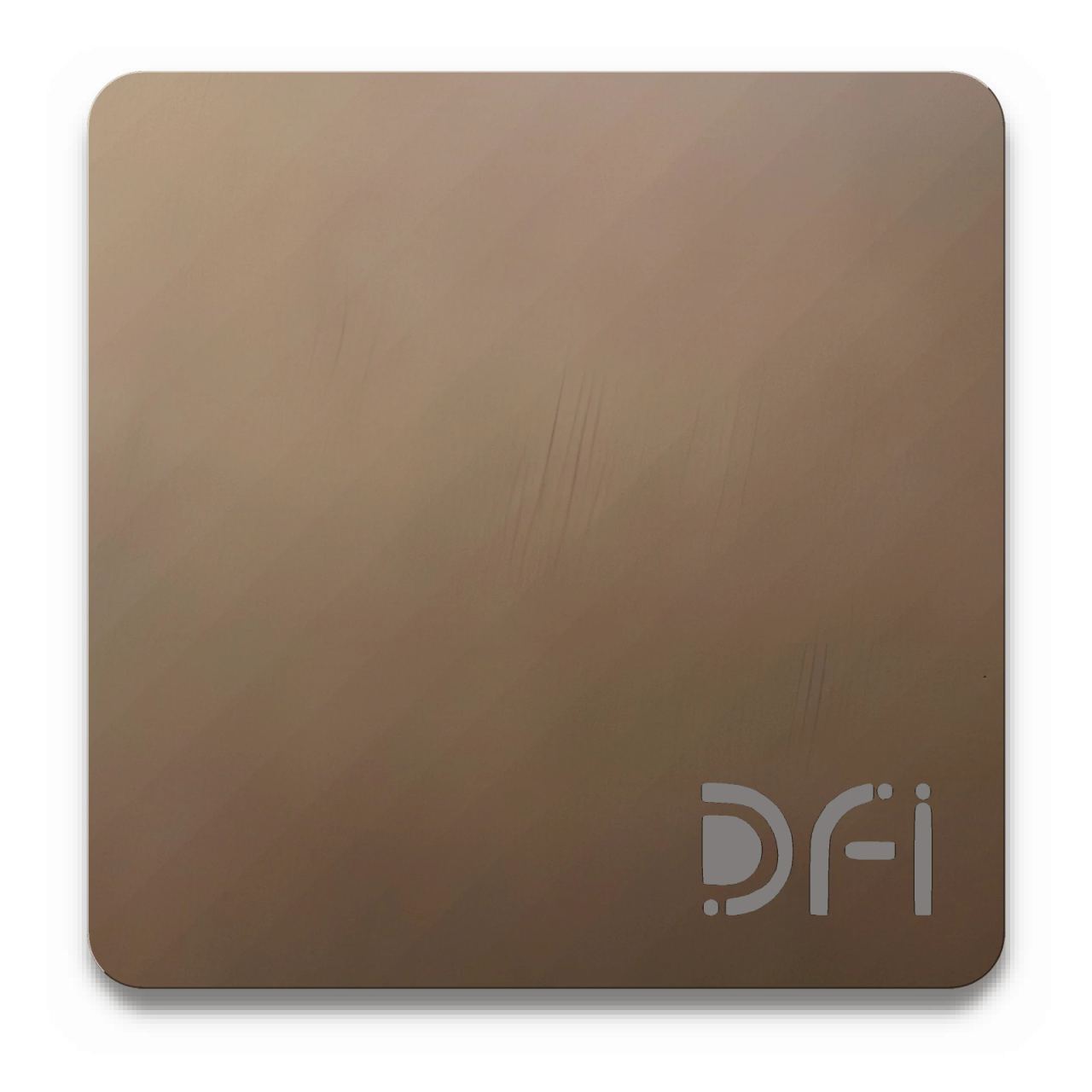 Dark bronze, Hairline finish: a DFI sample plate with the DFI mark laser-cut in the corner