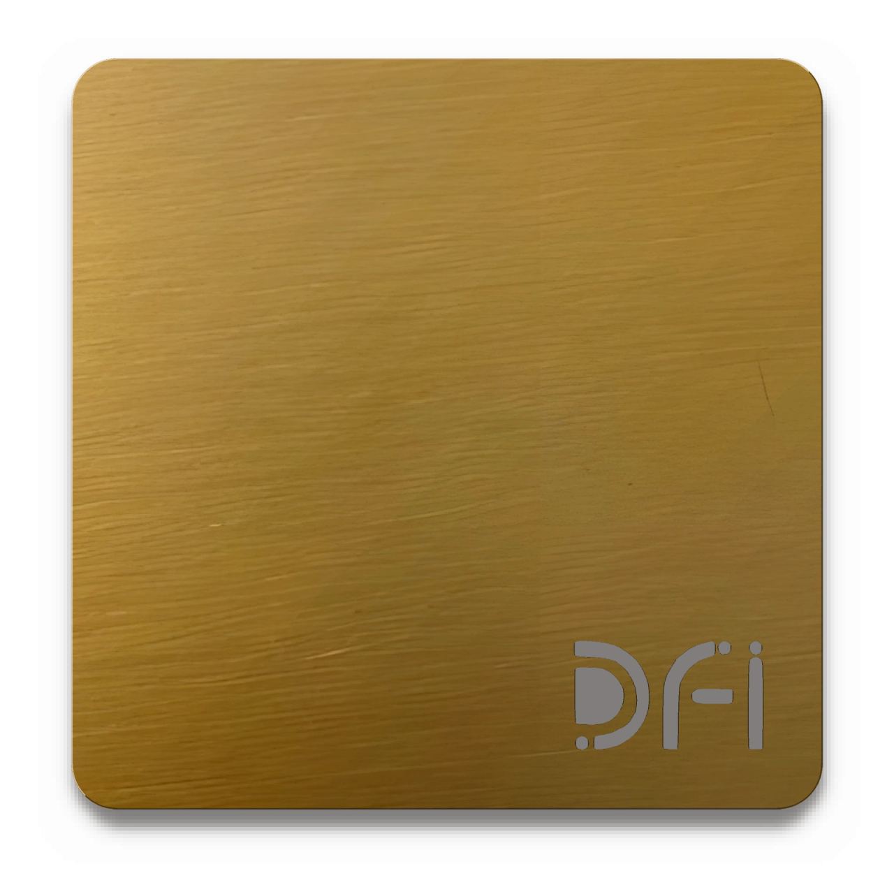 Gold, Hairline finish: a DFI sample plate with the DFI mark laser-cut in the corner