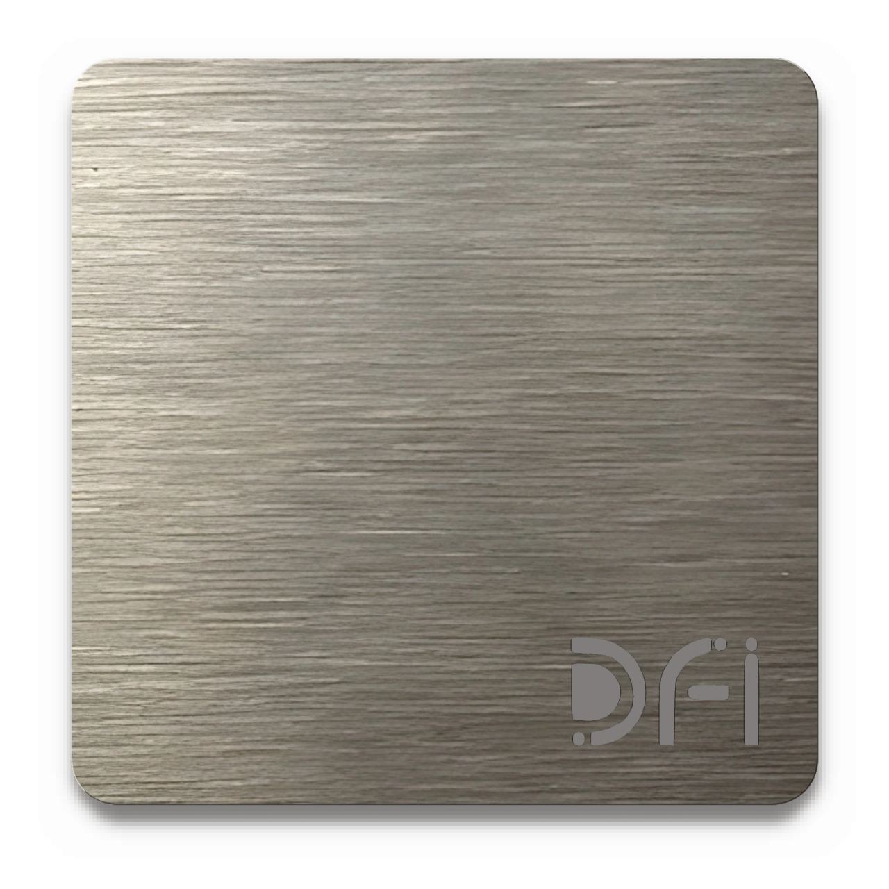 Gunmetal, Hairline finish: a DFI sample plate with the DFI mark laser-cut in the corner