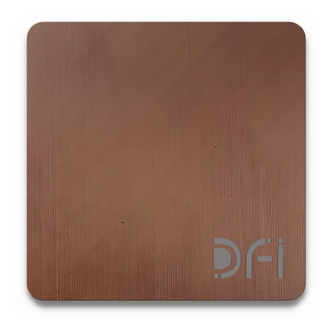 Rose brown, Hairline finish: a DFI sample plate with the DFI mark laser-cut in the corner