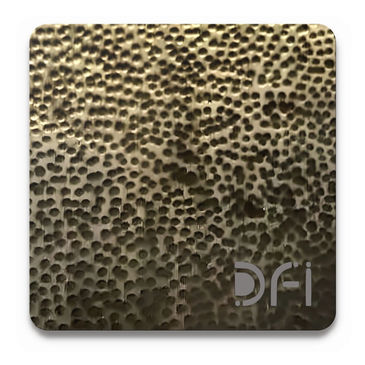 Hammered antique brass, Etched finish: a DFI sample plate with the DFI mark laser-cut in the corner