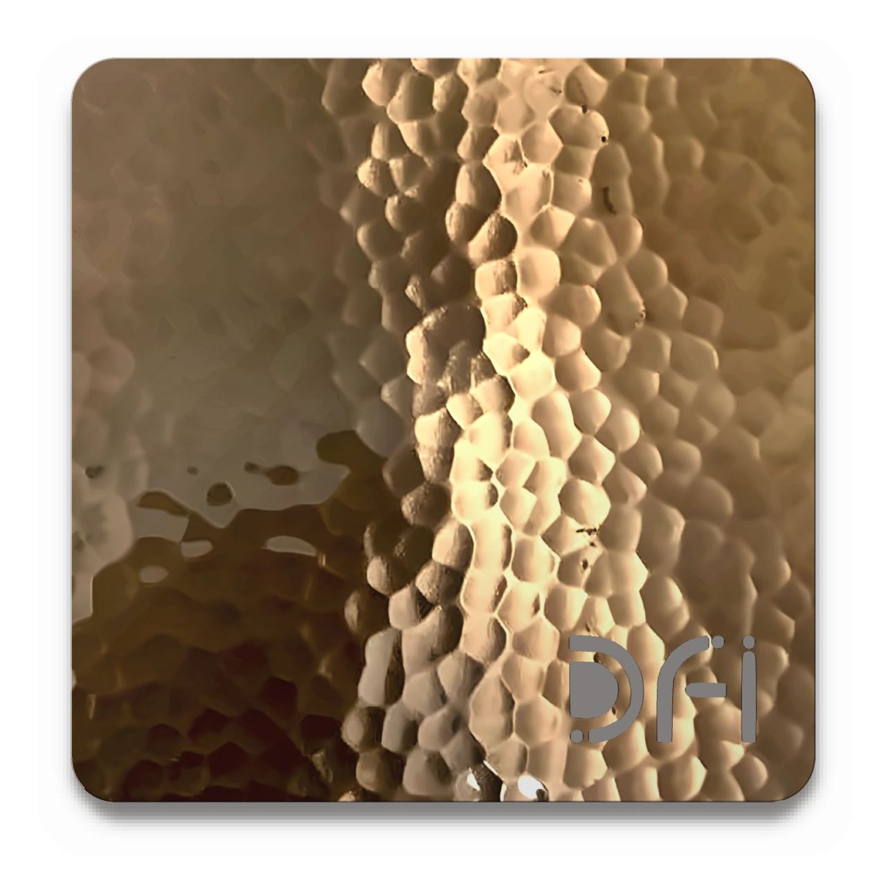 Hammered copper, Beaten finish: a DFI sample plate with the DFI mark laser-cut in the corner