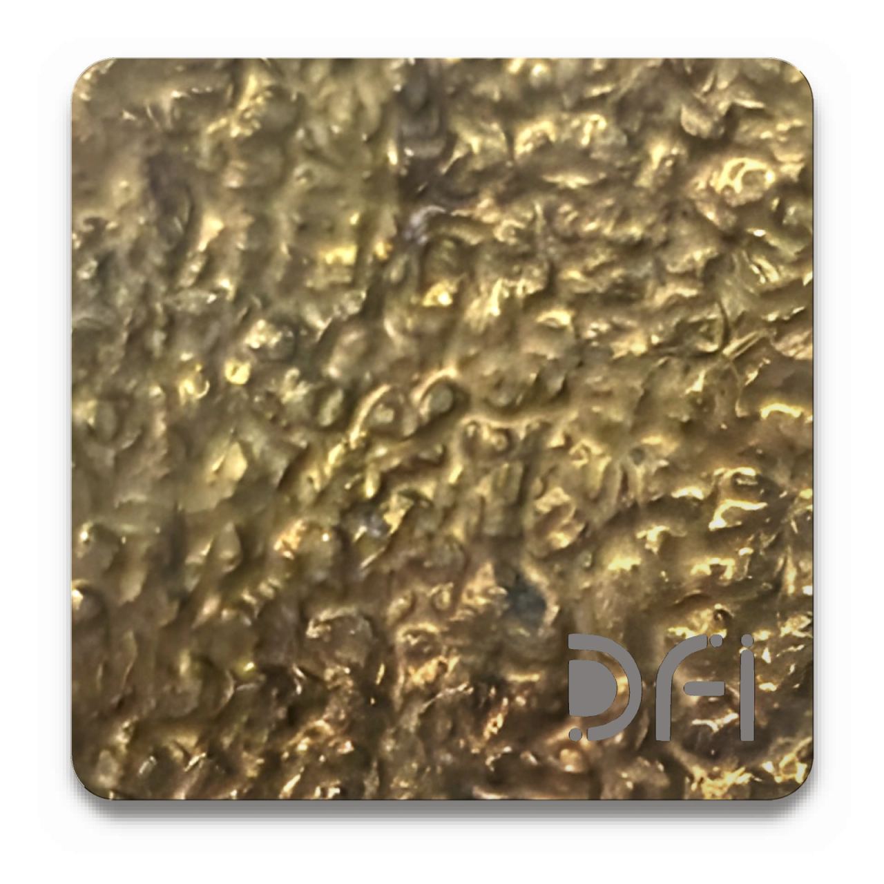 Beaten brass, Beaten finish: a DFI sample plate with the DFI mark laser-cut in the corner